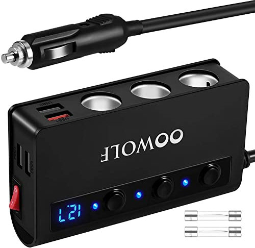 OOWOLF Quick Charge 3.0 Cigarette Lighter Adapter,180W 12V/24V 3-Socket DC Power Car Splitter with 6.6A 4 USB Ports,LED Display Voltage, Individual Switch (Black)