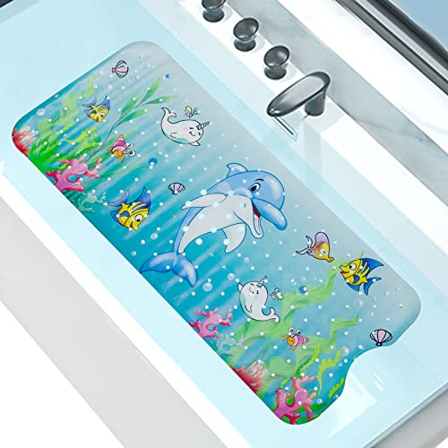 Badewannenmatte für Kinder, Kikuo Extra Lange Badematte Kinder 100 x 40 cm, Antirutschmatte Badewanne Kinder mit Saugnäpfen, Schimmelresistent Badewannenmatte Kinder mit Meerestiermuster
