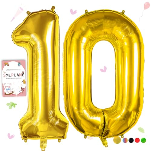 Smlpuame 102cm Folienballon Zahlen Luftballon 0-9 Geburtstag Golden Große 10 Ballons für Geburtstagsfeier Feierdekorationen, Heliumfolien Zahlenballons für Hochzeitstag