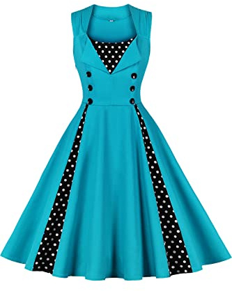 AXOE Robe Femme Vintage Années 50 en Coton Extensible Robe de Cocktail Chic et Élégante Mariage, Soirée, Guinguetteà Pois Turquoise, Taill 44, XL