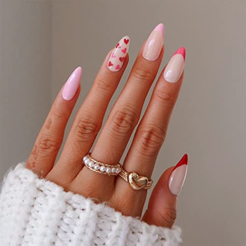 Sethexy Valentine's Day Almond False Nail Love Heart Stiletto Stick on Nail Pink Fake Nails 24Pcs Acrylic Art Press on Nails for Women and Girls