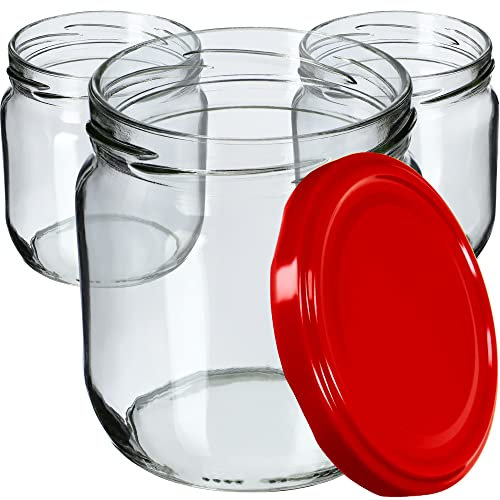 KADAX 24st Einmachgläser 425ml mit Schraubdeckel fi82 mm für Einlegen, Einmachen, Konservieren und Mahlzeitenvorbereitung - Luftdichte Twist-off Gläser (Rot/24 St.)