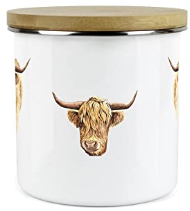 Purely Home Highland Cow Storage Canister - White Metal Enamel Kitchen Food Storage Container