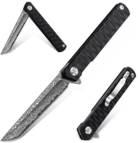 Moontay Damast Taschenmesser Klappmesser Hochwertig Klappmesser mit Robust G10 Griff Rasiermesser Scharf Outdoor Messer für Wandern Camping Ergonomisch Einhandmesser mit Clip - Geschenke für Männer…