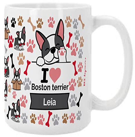 BEE INGENIOUS Taza BOSTON personalizada con nombre. Taza desayuno XL de 443 ml. Taza perros personalizada con nombre. Regalo para amigas. Tazas razas de perros. Tazas originales para regalar. (Boston)