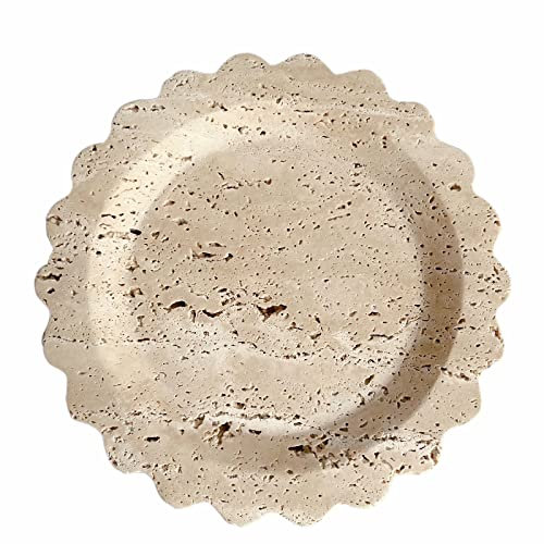 SAIDKOCC Travertin-Marmor-Tablett, rund, gewellt, kleine Servierplatte für Theke, Badezimmer, Küche, Nachttisch, Schmuck-Ringschalenhalter (Beige Travertin)