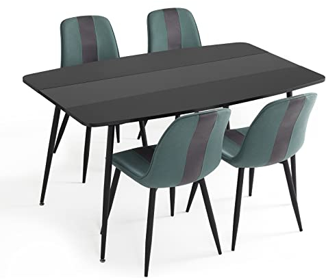 Mondeer Essgruppe, Moderner Esstisch und Polsterstuhl 4 mit Metallbeinen für Esszimmer Küche Wohnzimmer, B150 x H76,5 x T85 cm, Schwarz