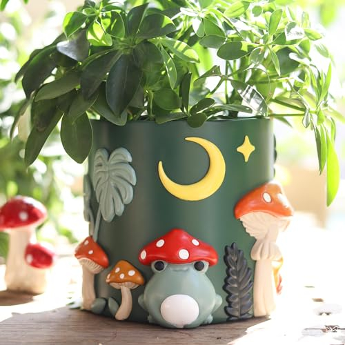 GUGUGO Bunte Frosch-Garten-Blumentöpfe, niedliche, einzigartige Sukkulenten-Übertöpfe mit Drainage, kleine Regenbogen-Pilz-Blumentöpfe für Zimmerpflanzen, lustige, vielseitige Heimdekoration (B, 12,7