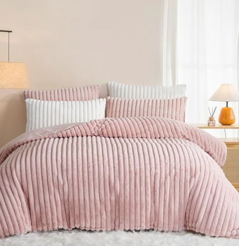 Lanqinglv Ropa de Cama de Felpa de 220 x 240 cm, Color Rosa cálido Invierno mullida Franela de Pelo sintético a Rayas, Ropa de Cama de Invierno con Tacto de Cachemira Gruesa con Cremallera y 2 Fundas