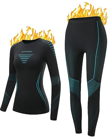 Thermounterwäsche Damen Skiunterwäsche Funktionsunterwäsche Ski Unterwäsche Frauen Set Thermooberteil & Thermohose Sportunterwäsche Winter Für Workout Skifahren Laufen Wandern Sport Schwarz+Blau Xl