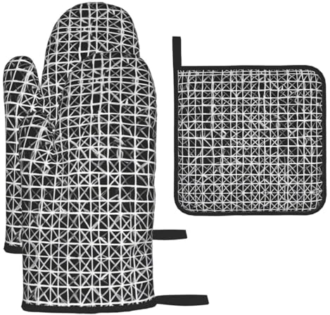 YYHHAOFA Set di guanti da forno e presine con rete bianca, isolamento spesso e anti-scottatura, 2 guanti isolanti e un tappetino per coperchio