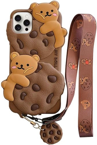 SGVAHY iPhone 15 Pro Max Case - Cute Kawaii Funny Soft Silicone Shockproof Protective Case with Strap Lanyard Keychain (Bear Khaki)