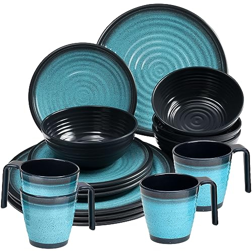 Melamin Geschirrset für 4 Personen - 16 Teile mit Tassen elegante Steingut Optik in blau - Stapeltassen Essgeschirr Campinggeschirr Picknick Camping Outdoor