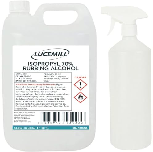 Lucemill 70% Rubbing alcohol | 5 Litre | Super Strength IPA Surface Sanitiser | 70% Isopropyl Alcohol | Clear Liquid | Comes with Empty Spray Bottle