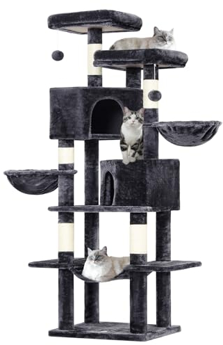 MSmask Kratzbaum groß, 180 cm hoch Katzenbaum mit Sisalstämmen, 2 Plattformen, 2 Katzenhöhlen, Korb, Hängematte, Stabiler Katzenkratzbaum, mehrstöckiger Kletterbaum für Katzen, Dunkelgrau