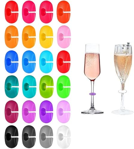 Rumgug 24 Pièces Étiquettes en Verre à Vin, Marqueur de Boissons Silicone Marque-verres de Bord Identificateur Verre Bouteille a Pied Colorés Réutilisables Anneau Marque (C) (24PCS B)
