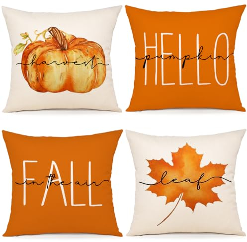 ZWJD Kissenbezug Herbst 40x40 4er Set Dekoration Kissenhülle Herbst Deko Leinen Kissenhüllen Ahornblätter Kürbis Kissen für DekoSofa Home Garten Schlafzimmer Dekokissen Kissenbezüge 40x40 cm