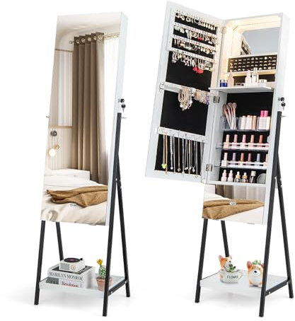 RELAX4LIFE 3-Color LED Lights Jewellery Cabinet, 3-in-1 Freestanding Jewelry Armoire with Full-Length Mirror, Built-in Mirror & Drawer, Bedroom Lockable Makeup Cosmetics Organizer Unit (White)