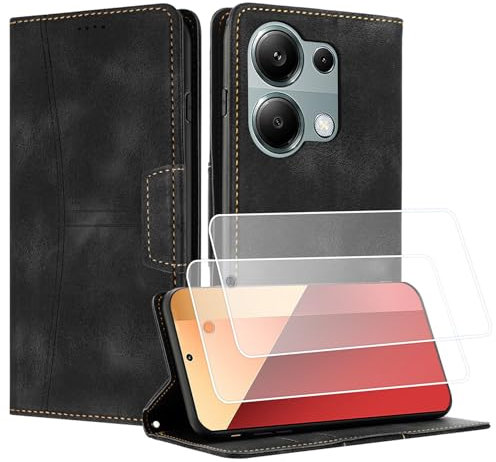 Yihaoyard Coque pour Xiaomi Redmi Note 13 Pro 4G avec Protection Écran en Verre Trempé, Pochette en Cuir de PU avec Stand et Fonction Porte-Monnaie(Noir)