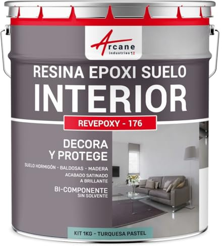 ARCANE INDUSTRIES Peinture sol, résine epoxy, peinture pour sol, salon, cuisine, salle de bains, effet miroir : Revepoxy deco - 1 kg (jusqu'à 5 m² en 2 couches) Turquoise Pastel - RAL 6034