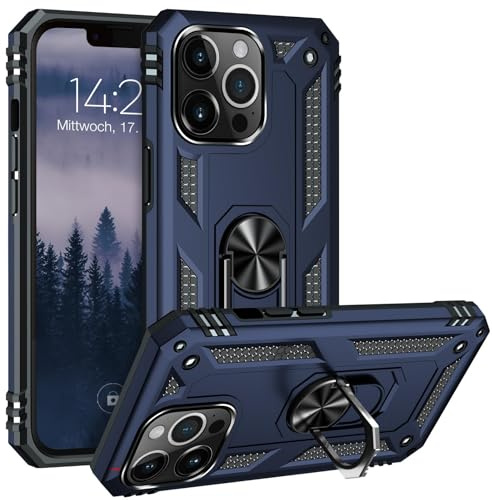 LBH Outdoor Hülle für Apple iPhone 13 Pro Max Armor Militär Stoßfest Handyhülle 360 Grad Metal Ring Halter Ständer Schutzhülle für Handyhalterung Auto Magnet Blau