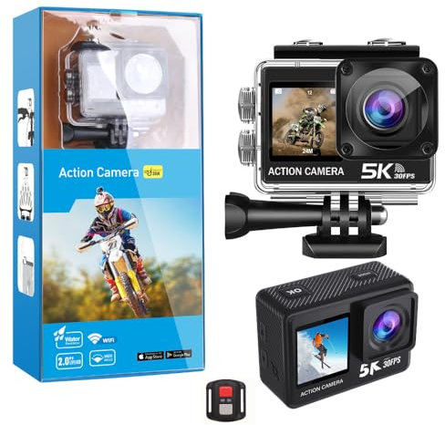 BSLVWG Action Camera, Native 5K 30FPS 20MP,30M Waterproof Underwater Camera,2”Big Touchscreen,EIS, External Mic,Vlog Camera,Remote Control and Helmet Accessories Kit