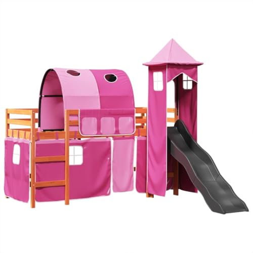 vidaXL Kinderhochbett mit Turm, Hochbett mit Rausfallschutz, Kinderbett mit Leiter Rutsche, Spielbett Etagenbett, Rosa 90x200cm Massivholz Kiefer