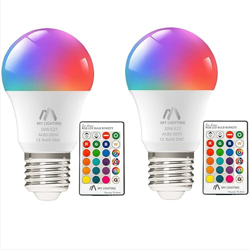 My Lighting 10W E27 ECO Series Colour Changing Light Bulb Dimmable, LED Bulbs with Remote,RGB + Cool White 6000K, 16 Million Colour for Home Decore & Mood Lighting (Pack of 2)