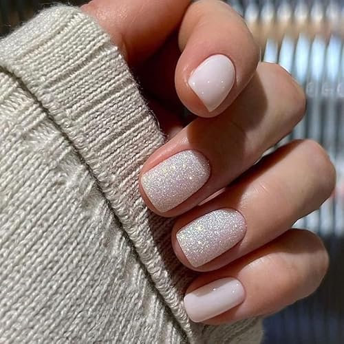 24pcs Short Press on Nails - White Glitter Fake Stick on Nails - Petite Removable Glue-on Nail Art Accessories for Women and Girls