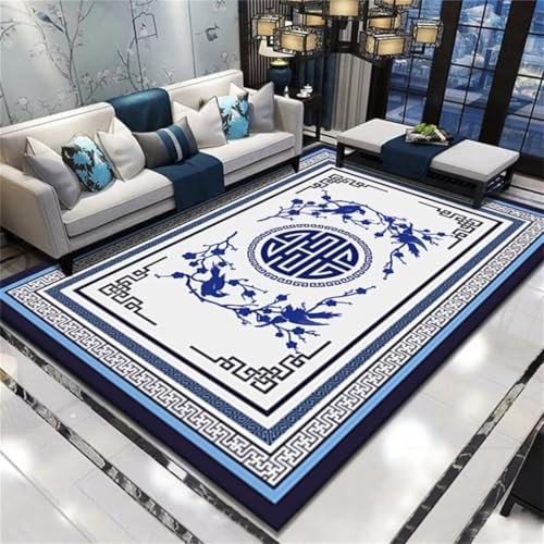 ROSURUG Chambre Ado Tapis Antidérapant Cuisine Tapis d'étude de Salon de Style Chinois en Dentelle avec Beau Motif de Fleurs, antidérapant Tapis De Salon Moderne (Bleu 70X140cm)