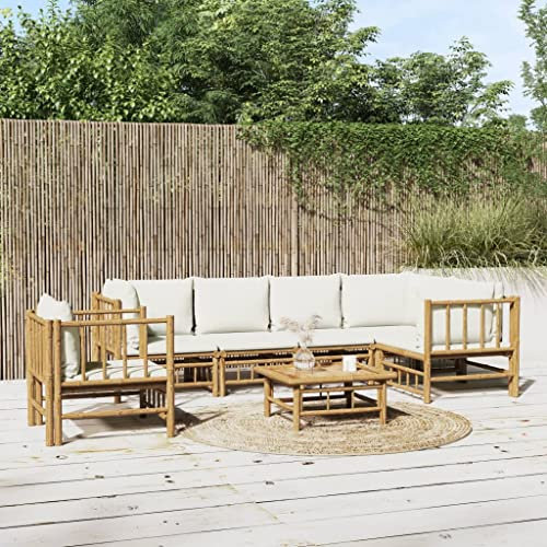 KATERYY 7-TLG. Garten-Lounge-Set mit Cremeweißen Kissen Bambus,Bambus Garten Lounge Set mit Tisch Bequemes Outdoor Loungesofa aus Naturmaterial
