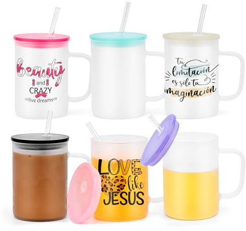 sweet grain Iced Coffee Cups Sublimation Tumblers with Handles, 500 ML 6 Pack Frosted Glass Coffee Mugs and Colored Acrylic Lid, Espresso Coffee Handled Cups, for Coffee, Tea, Cocoa, Milk
