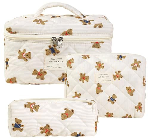 Pyuyan 3 Pièces Trousse Maquillage, Set Make Up Bag, Maquillage Grande Capacité Voyage Motif Floral, Matelassée Trousse Toilette, Trousses de Toilette Matelassées, pour Femmes Et Filles(Ours)