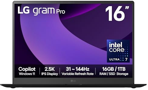 LG gram Pro 16Z90TP - 16 Inch 2.5K IPS 144Hz VRR, Ultra-Lightweight Laptop, Intel Core Ultra 7 255H - EVO Edition, 16GB RAM, 1TB SSD, Windows 11 Home, gram Hybrid AI, Copilot, Black (2025)