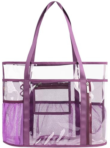 TINYAT Große transparente Tragetasche für Damen, transparent, Netzstoff, Strandtasche, Schultertasche mit wasserdichter Reißverschlusstasche, durchsichtige Schwimmtasche für den Urlaub, Lila/906