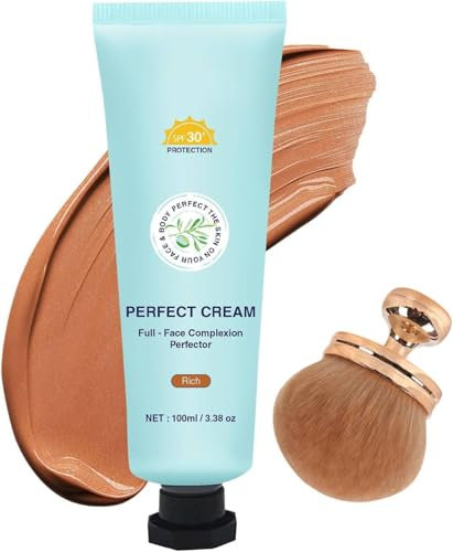 All Over Complexion Perfector, 2025 New Body Coverage Perfector, Evens Skin Tone & Light Foundation, Concealing Foundation Perfecting Cream, Waterproof & Transfer-Resistant (#Rich + Brush)