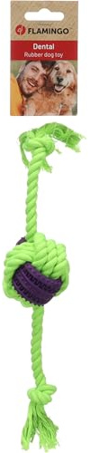 Flamingo Hundespielzeug – Gropa Knotenball & Seil 2 Knoten Grün/Lila – Zahnpflege – Länge 30 cm