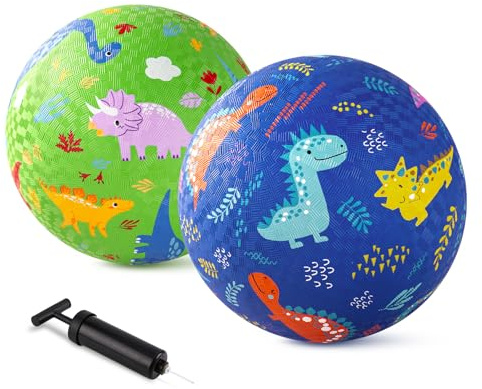 INPODAK 2Pack Dinosaurier Spielball,21.5cm Dodgeball Set,Rutschfestes Springfähiges Kickerball Set mit Handpumpe,Indoor Outdoor Garten Spielball, Jungen und Mädchen