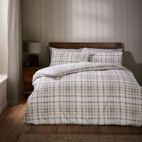 Catherine Lansfield Cosy Sherpa Check King Duvet Cover Set with Pillowcases Natural