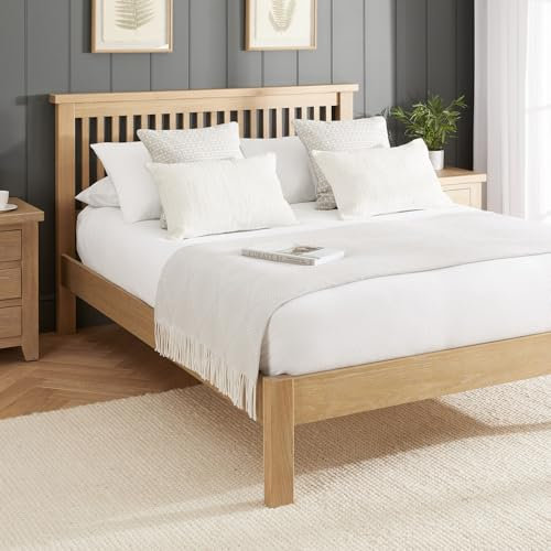 The Furniture Market Cheshire Whitewash Oak King Size Bed Frame | 5ft Solid Oak Bed | Whitewashed Finish | Slatted Headboard | Shaker Style | Assembly Required | H 1100 x W 1630 x L 2150mm