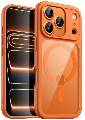 JETech Magnetic Case for iPhone 17 Pro Max, Orange | Compatible with MagSafe, Solid Color Matte TPU Frame, Clear Back, Shockproof Bumper