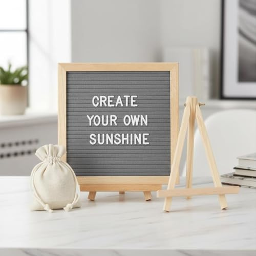Letter Board aus Eiche und Filz, Filz Brief Board 25×25cm Holz Buchstabenbrett mit 350 Buchstaben Staffelei Und Beutel, Buchstaben Rillentafel Memotafel Letterboard für Zuhause Büro Eventsdeko