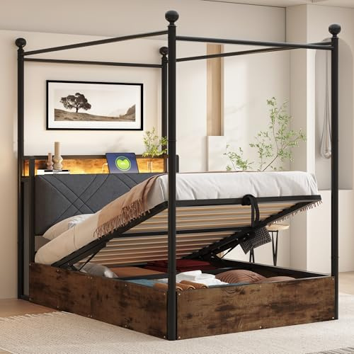 Zravenna Stauraumbett Himmelbett 90x190 mit Bettkasten, Multifunktionales Gepolstert Kopfteil mit Einlegeböde Stauraum, abnehmbaren Eisen-Bettpfosten,Jugendbett Einzelbett (Schwarz)