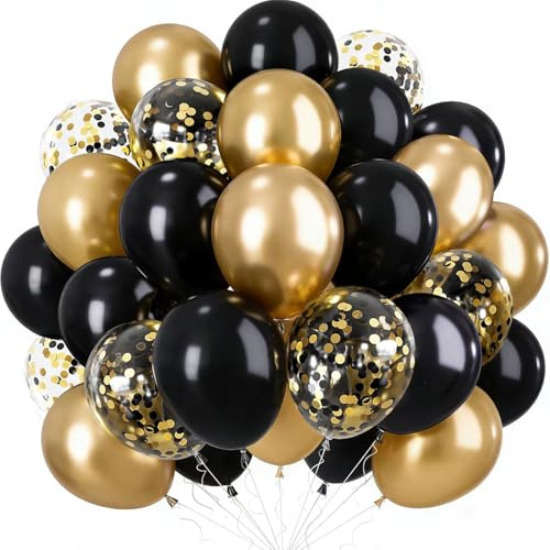 Luftballons Schwarz Gold, 60 Stück Helium Ballons Gold Und Schwarz Konfetti | Latex Schwarzer Golden Ballons, Geburtstag Hochzeit Ramadan Neujahr Ruhestand Graduierung Schwarz Gold Party Deko