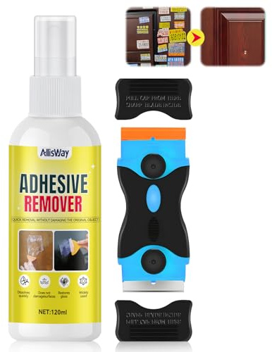 AllisWay Sticker Remover, 120ml Glue Remover, Sticky Stuff Remover, Quickly Removes Adhesive Residue From Doors, Windows and Vehicle Surfaces, Includes a Scraper