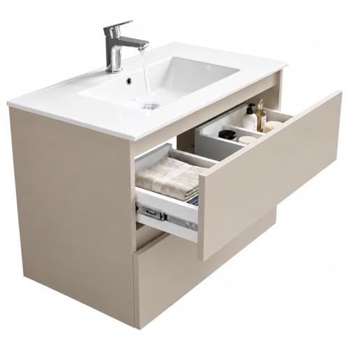 paplinskimoebel Waschbecken mit Waschtischunterschrank CALPE Breite, wandhängend mit Schubladen, Keramikwaschbecken, Farbe: Kaschmir Beige, Matt (Kaschmir, 80)