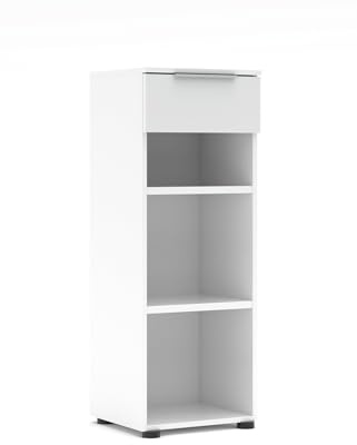 Aktenregal >Santorin< Weiß Melamin Glasfront Schublade Softclose Selbsteinzug 3 Fächer Metallgriffe Chrom modular Büro Regal mit stilvollen Stauraum für Büro und Homeoffice - 40x110x38 cm (BxHxT)