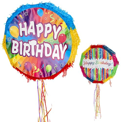 Pinata Happy Birthday | Ø44x9cm Papier bunt zum Aufhängen und Befüllen | Partyspiel Geburtstagsdeko | Mottoparty Geschenkidee für Kinder und Erwachsene (Pinata Happy Birthday)