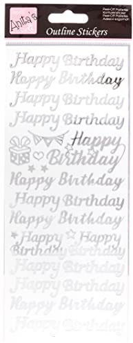 Anitas Outline Stickers, Happy Birthday, Silver on White, For Scrapbooking, Card Making, Kids Play, Homework, Art, Craft, Embelish, Decorative, Paper, Card, Glass, Metal, Plastic, Foam