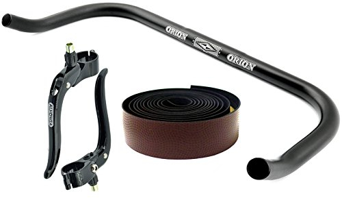 Permanent-Fahrrad Bullhorn Fixie Singlespeed Rennrad Triathlon Lenker Schwarz 400mm mit Bremshebel und Dunkelbraunem Lenkerband